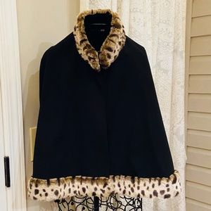 Vintage Black Cape with Leopard Print Trim